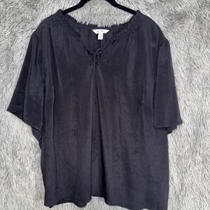 Nine West Women's Plus Size 3X Blk Ruffled NeckTie Front Short Sleeve Blouse Top